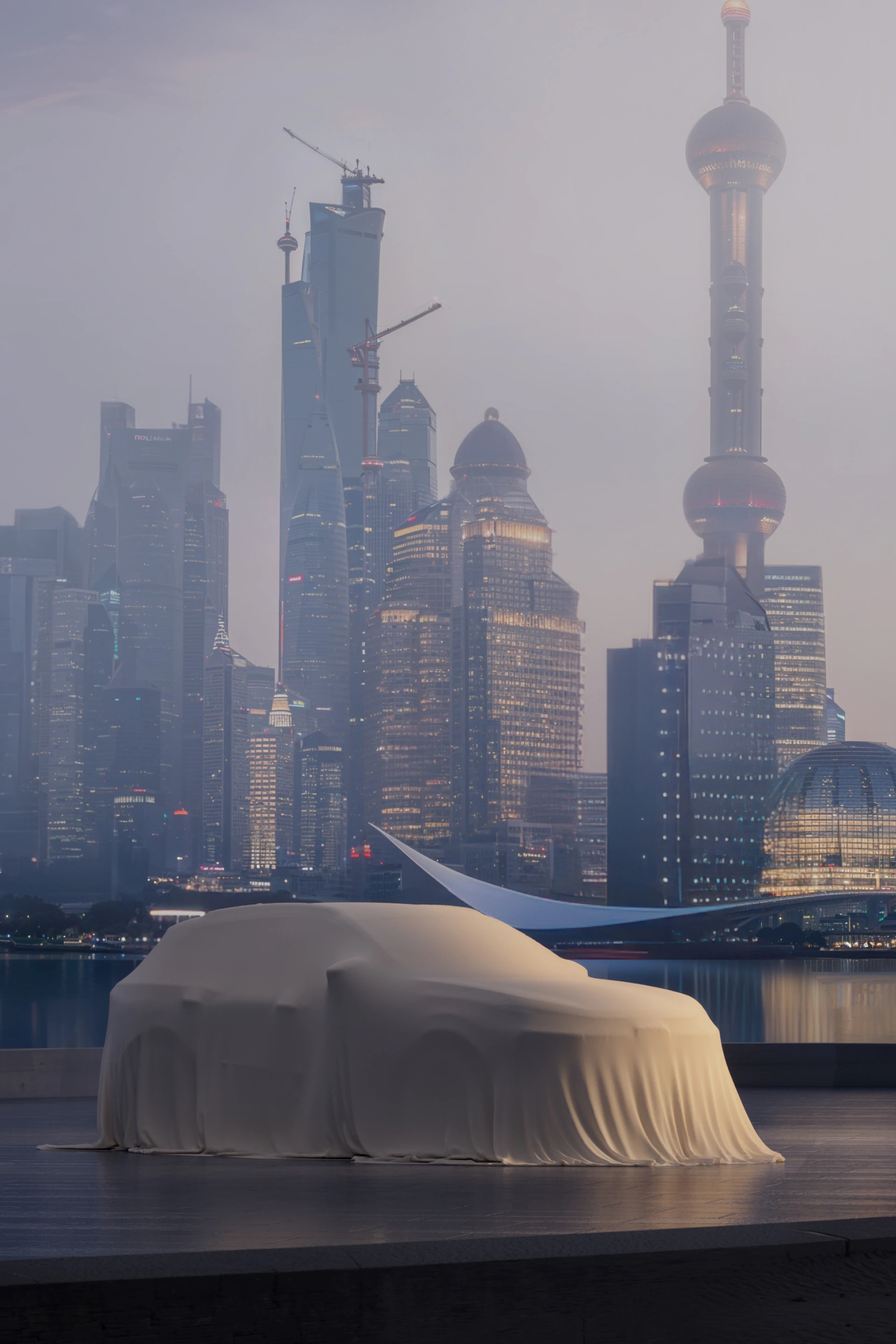 One of the artworks with the Shanghai skyline in the background.